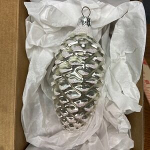 Vintage Silver Pine Cone Christmas Ornament Iridescent Glitter Holiday Decor NEW